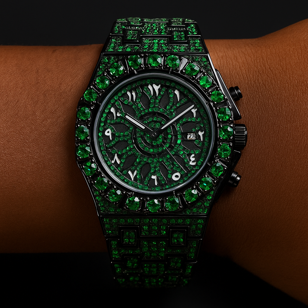 Green Diamond Arabic Luxury Watch detail